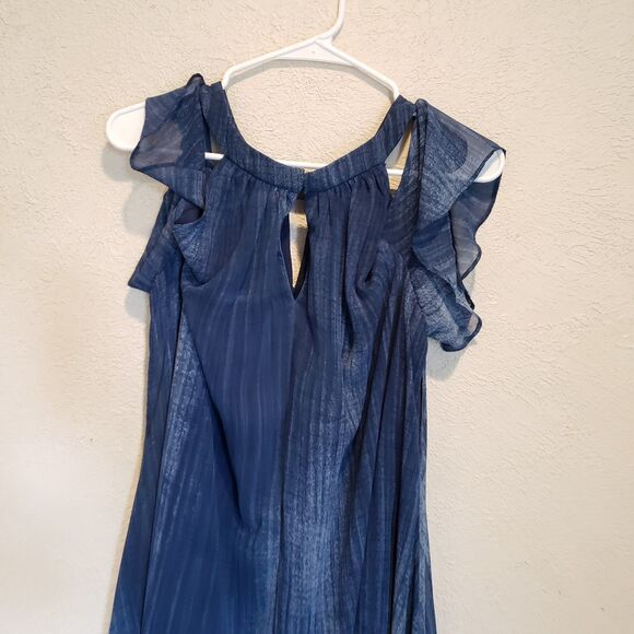 CHICO's size 2 medium indigo cold shoulder lined halter dress handkerchief hem - Picture 6 of 7